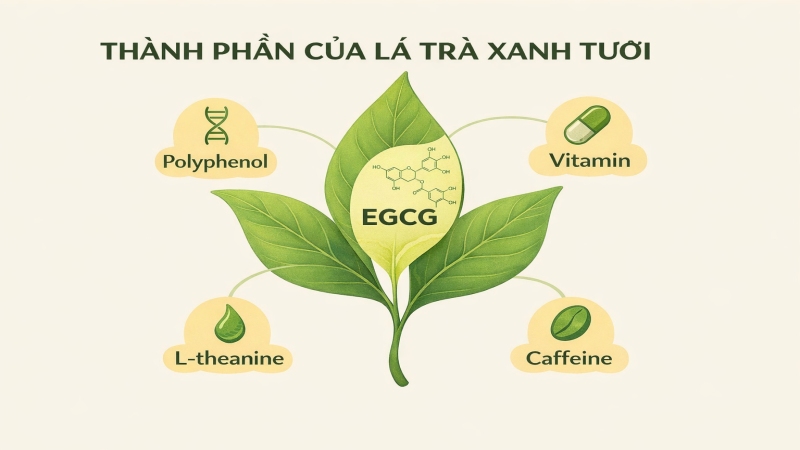 Thành phần chính có trong trà xanh tươi (Ảnh: Sưu tầm Internet)